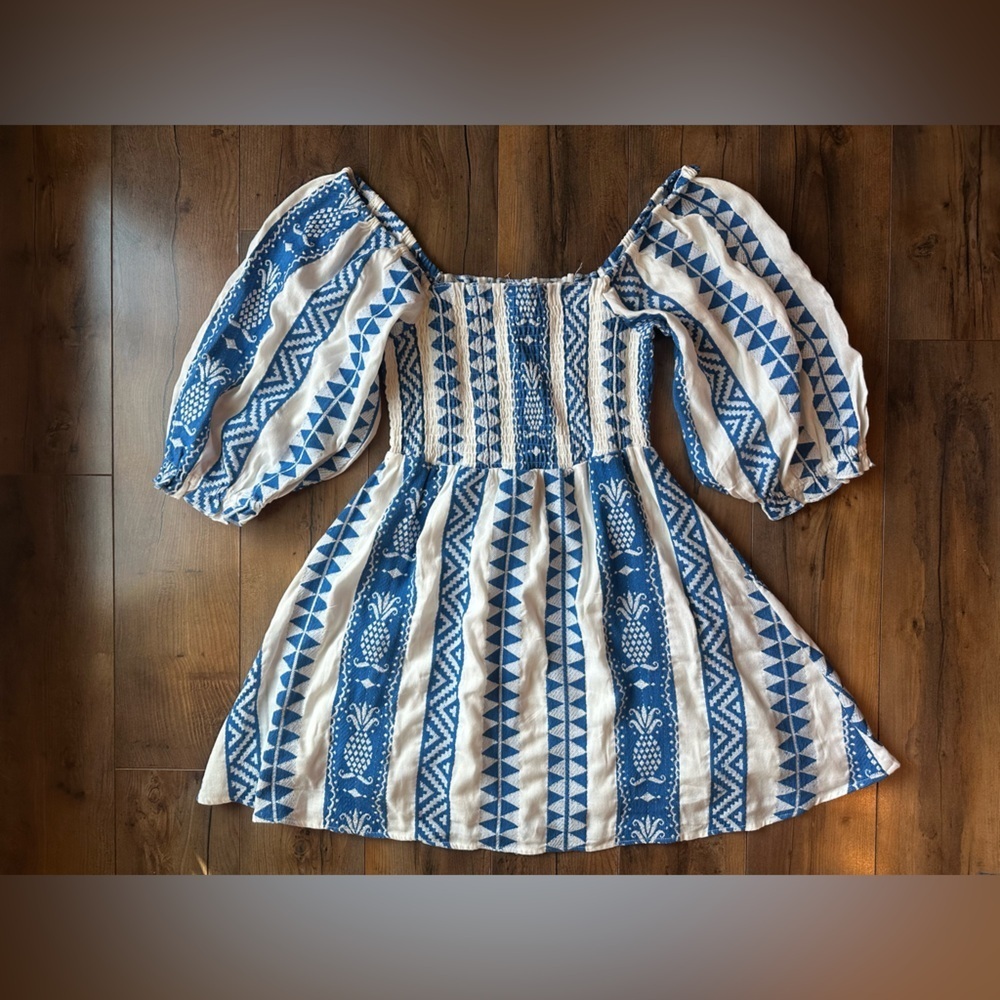 En Crème Blue White Smocked Puff Sleeve Mini Dress Cottagecore Boho Small - Picture 1 of 8
